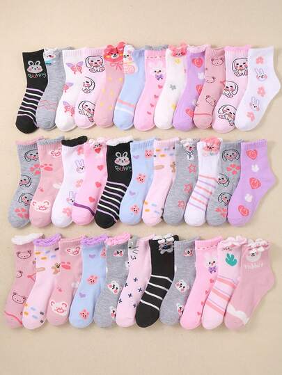 20 Pairs Girls' Socks, Assorted Colors And Cute Unique Patterns Including Hearts, Bows, Rabbits, Flowers, Soft And Breathable For Daily Wear, Holiday And Party Gifts, Random Color And Style Delivery