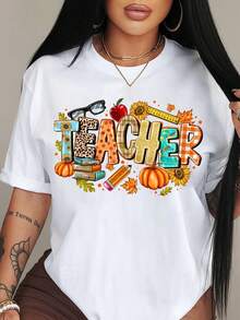 Plus Size Fall And Winter Casual Daily Cotton Print Short Sleeve T-Shirt-Love & Inspiration & Teacher Lace Print,Holiday Party Celebration Costumes, Suitable For Nurses, Halloween, Thanksgiving, Christmas, Gifts For Family And Friends