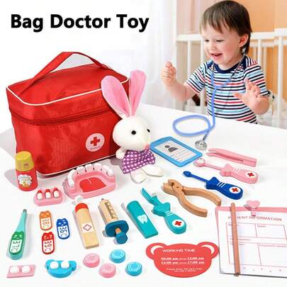 儿童木制医生工具套装，儿童角色扮演游戏，3-5 岁儿童牙科工具套装，配有医疗套件、听诊器和其他配件，适合男孩和女孩的趣味角色扮演游戏