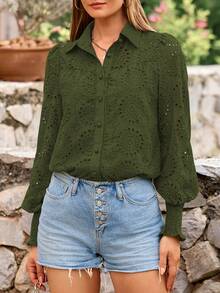 Women's Fall Button-Up Shirt Elegant Long Puffed Sleeve Hole Loose Neckline Shirt - xanh quân đội - Xem 4