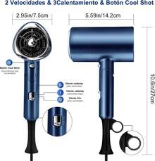 Charlemain Secadora de Cabello de Iónico Negativo, 1800W Secadora de Pelo Profesional con 3 Temperatura Ajustable, Secador de Soplado Plegable con 1 Boquilla de Cabeza Soplado y 1 Difusor (Negro) - Grisb - Ver 7