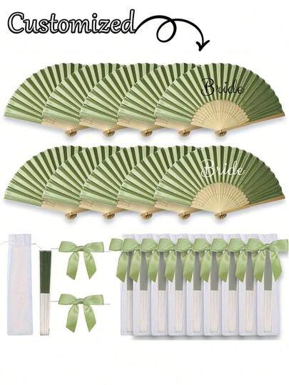 3/15/30pcs Set, Customized Summer Green Series Wedding Favor Fan Set, Ladies Folding Fan, Green Series Bow Tie, Transparent Drawstring Bag, Wedding Party Decor. Suitable For Bride Gifts, Birthday Party Favors, Bridesmaid Photo Props, Summer Fans, Event & Party Supplies, Multi-Pack Party Gift Bags, Solid Color Casual Bamboo Fans.