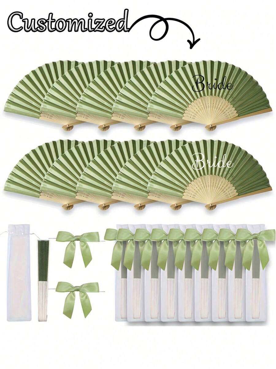 3/15/30pcs Set, Customized Summer Green Series Wedding Gift Fan Set, Ladies Folding Fan, Green Series Bowknot, Transparent Sandbag, Wedding Party Decoration. Suitable For Bridal Gift Parties, Birthday Party Favors, Bridesmaid Group Photo Props, Summer Fans, Event And Party Supplies, Multi-Item Party Gift Bags, Solid Color Casual Bamboo - Multicolor - View 1