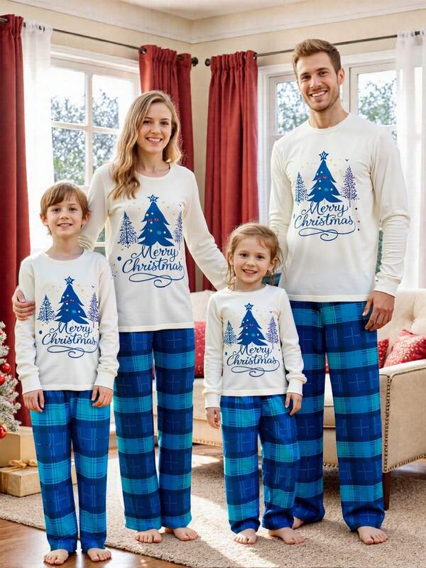 Christmas Family Pajamas Matching Set, Letters Tree Print T-Shirt With Plaid Pants Sleepwear Loungewear