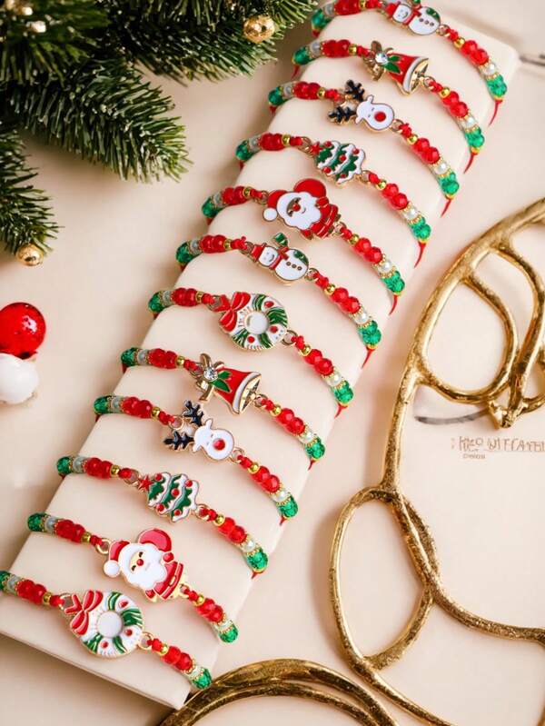 6 Stücke Weihnachts-Perlen-Armband, modische Weihnachtsmann, Weihnachtsbaum, Glocke für Mädchen, festliche, farbenfrohe, niedliche Freundschaftsgeschenke, Schmuckzubehör