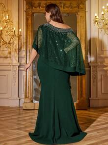 SUPGIR Plus Women's One-Shoulder Asymmetrical Cape Sleeve Handmade Bright Diamond Chiffon Slim-Fitting Evening Dress - Dark Green - View 2
