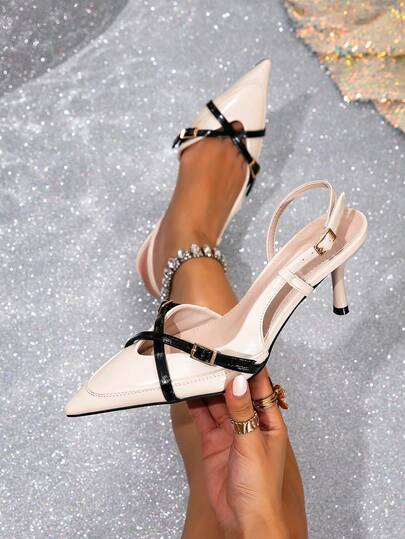 Women's Elegant Pointed Toe Stiletto High Heels, Minimalist European And American Style Fashion, Criss-Cross Strap Design With Metal Buckle Accents, Adds Details And Sophistication, Stiletto Heel Enhances Elegance, Suitable For Working Women's Daily Commute, Light Social Occasions, And Pairing With Dresses For Dates And Events.
