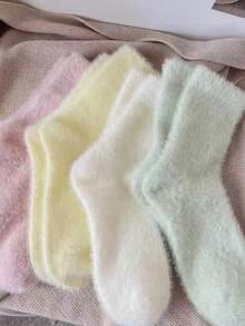 4 Pairs Solid Color Mink Plush Thick Warm Mid-Calf Socks For Women, Japanese Style Fluffy Socks For Autumn/Winter