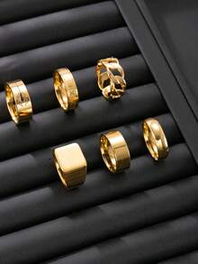 Zestaw 6 pierścionków męskich ze stali nierdzewnej w kształcie rombu w kolorze złotym, idealny do codziennego noszenia, biżuteria na prezent - Żółte złoto - Zobacz 19