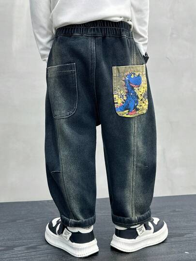 男童宽松保暖内衬厚牛仔裤，适合日常、上学、休闲、户外穿着，秋冬季