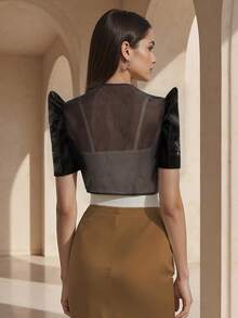 Amyenjoylife Modern Filipiniana Summer Women's Elegant Printed Lace Bubble Sleeve Short Sleeve Round Neck Short Top Cardigan Bolero Filipiniana For Women