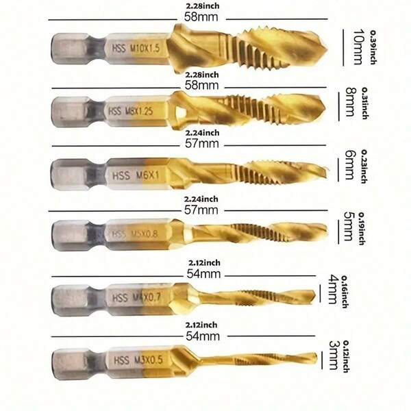 6-Piece Set Of Titanium Coated High-Speed Steel Taps, Thread Drill Bits, Hexagonal Shank Machine Composite Taps