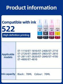 522 Nạp mực tương thích cho EPSON 522 (Mực không thăng hoa), Thích hợp cho máy in Ecotank ET-2803 ET-2800 ET-2720 ET-4800 ET-4810 ET-2400 ET-2840 ET-4700 Máy in, BK/C/M/Y (4 Chai), 70ml mỗi chai - màu đen - Xem 2