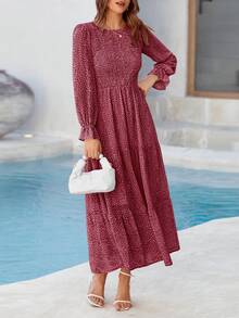 Women Leopard Long Sleeve Maxi Dress Flounces High Waist Smocked Tiered Dress Fall Spring Wedding Guest Vacation Holiday Boho Valentine Dresses Outfits - 紅色 - 查看 5