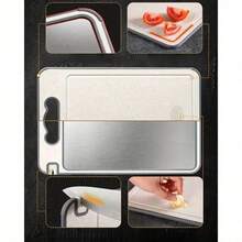 Premium Stainless Steel Cutting Board, Double-Sided Kitchen Chopping Board With Built-In Knife Sharpener & Garlic Crusher, Non-Slip Silicone Wrapped, Dishwasher , Best Gift Choice - Beige - View 4