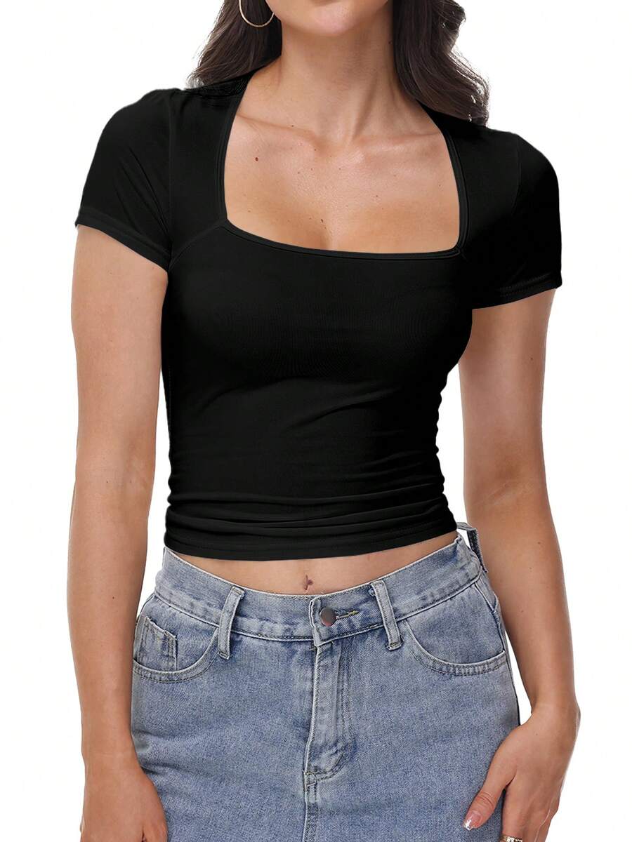 VERACT Women's Casual Slim Square Neck T Shirt Sports Short Sleeve Top - 黑色 - 查看 1