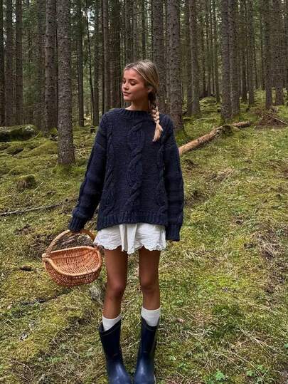 Senya Autumn/Winter New Crew Neck Solid Color Twist Long-Sleeved Knitted Jumper, Women's Loose Casual Versatile Sweater Tops