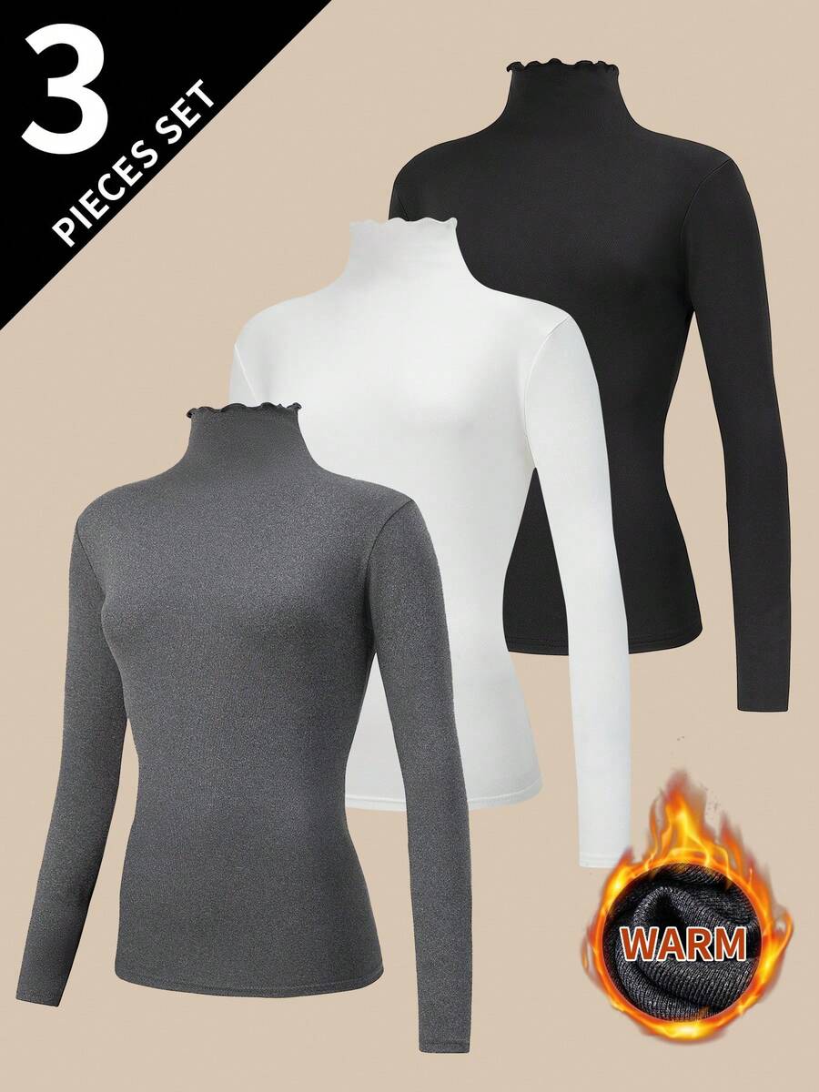 3 件套女士保暖内衣长袖高领蕾丝边打底上衣，秋冬