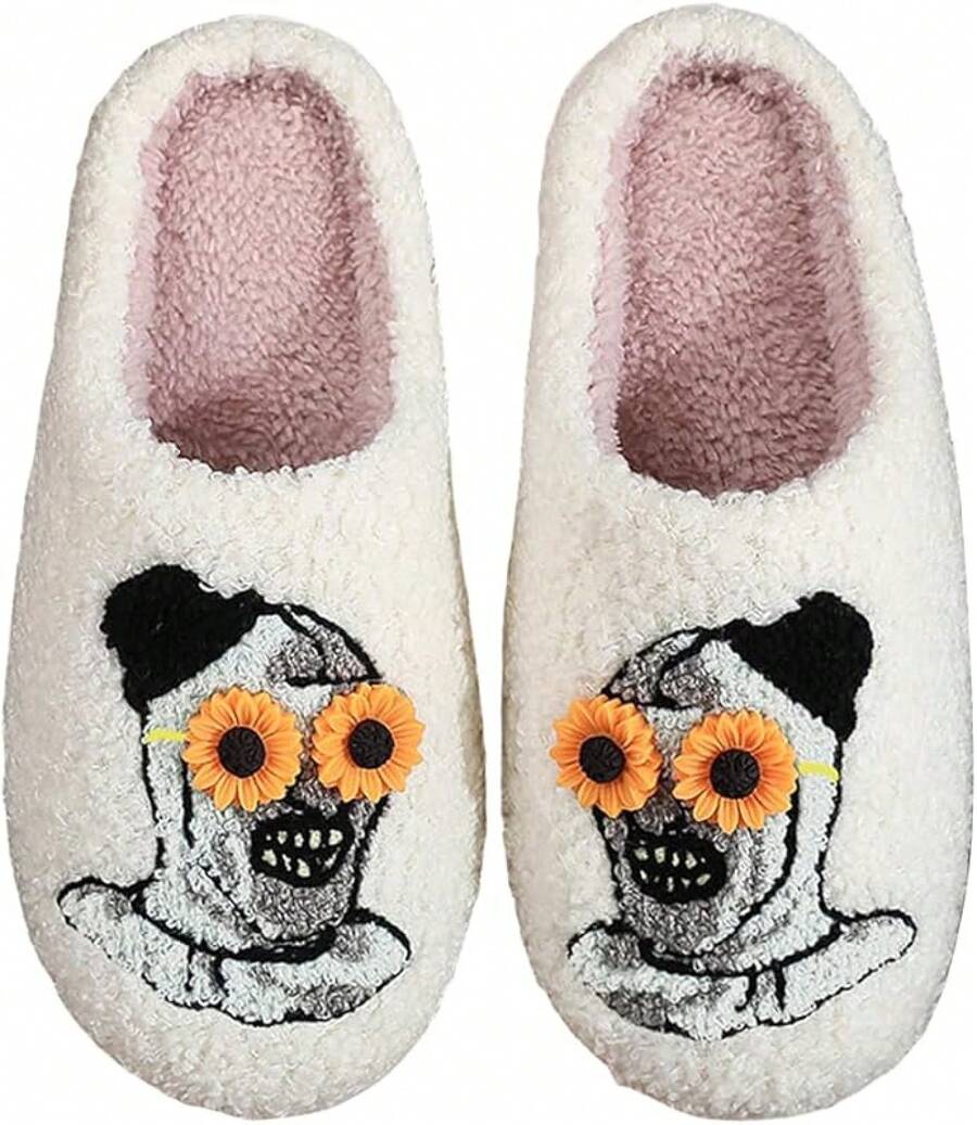 Cozy Plush Halloween Pumpkin Slippers, Non-Slip Fluffy Design - White Sunflower Head - View 1