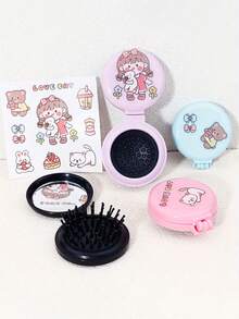 2 piezas Cepillo de pelo plegable mini lindo con espejo y pegatinas DIY - Peine de pelo de viaje portátil, diseño compacto con tapa abatible, cerdas suaves para cabello normal, regalo para niñas (rosa, azul, amarillo, negro)