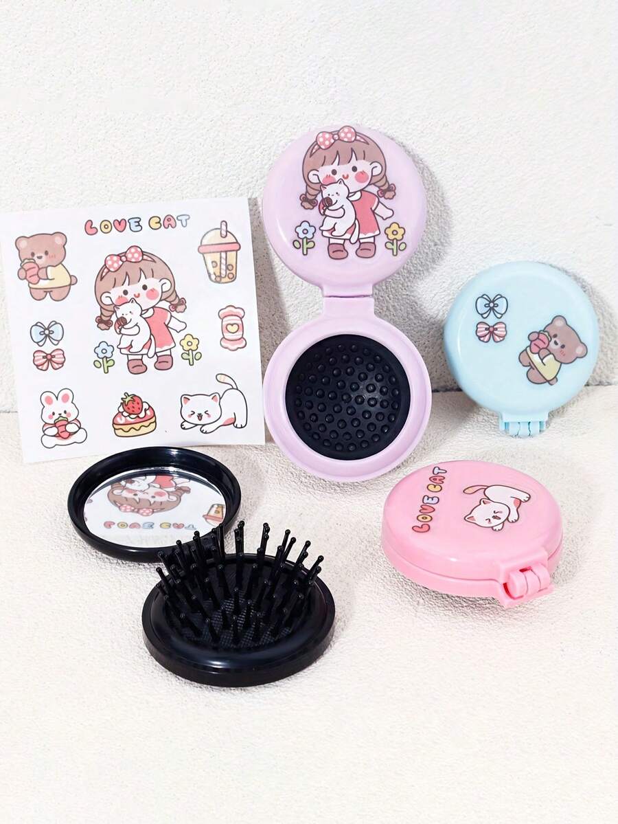 2 piezas Cepillo de pelo plegable mini lindo con espejo y pegatinas DIY - Peine de pelo de viaje portátil, diseño compacto con tapa abatible, cerdas suaves para cabello normal, regalo para niñas (rosa, azul, amarillo, negro)