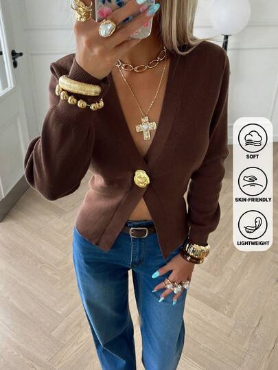 Women Solid Color Knitted Cardigan,Deep V Neck With Metal Button,Relaxed Fit,Elegance And Comfort For Layering