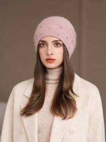 1pc Women's Rabbit Fur Knit Rhinestone Beanie Hat, Autumn/Winter Warm Thick Windproof Ski Cap, Fashionable & Versatile
