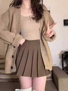 Chaqueta de punto de las mujeres chaqueta de tweed mujer otoño e invierno suelto perezoso viento delgado cardigan jumper versátil suéter de punto tops - Camel - Ver 6