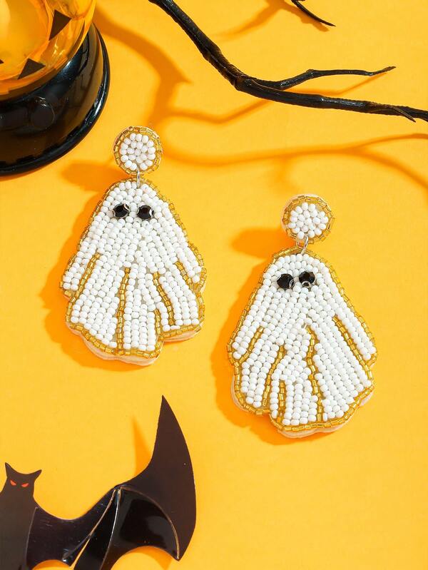 1 Paar handgefertigte Perlenohrringe, Skelett-Knochen & Geister-Bonbon Hängeohrringe, Halloween Party Kostüm Schmuckzubehör (Handgefertigt, leichte Stilvariation)