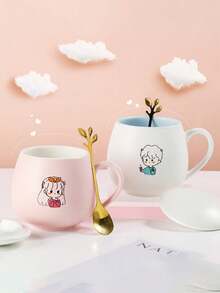 1pc Ceramic Mug, Breakfast Cup, Milk Cup With Lid & Spoon, High-Quality Coffee Cup For Home, Students, Couples - Multicolor - View 7