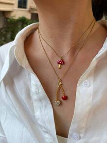 Monlansher New Fashionable Women's Stainless Steel Pendant Necklace, Minimalist Design With Mushroom & Cherry Elements, Versatile Casual Wear - Gold - View 2