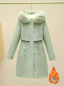 2025冬季新款女士夹棉大衣欧美中长款大毛领保暖内衬派克大衣时尚度假外套 - 綠色 - 查看 5