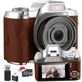 可折叠屏幕学生相机，1 台复古 CCD 读卡器，入门级数码相机，1080P 高清内置游戏和滤镜功能相机，迷你 Vlog 相机，便携式入门级数码相机，便携式手持相机，完美的圣诞节和生日礼物