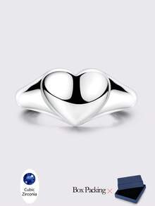 1 Pc Original 925 Sterling Silver Women Finger Rings Heart Shape Minimalist Class Style Plain Circle Ins Elegance Fashion Accessory Jewelry Gifts Fits Daily Party Shopping - Silver - View 4