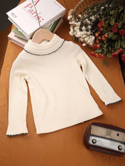 Camiseta de cuello alto de manga larga acanalada informal para niña, otoño/invierno