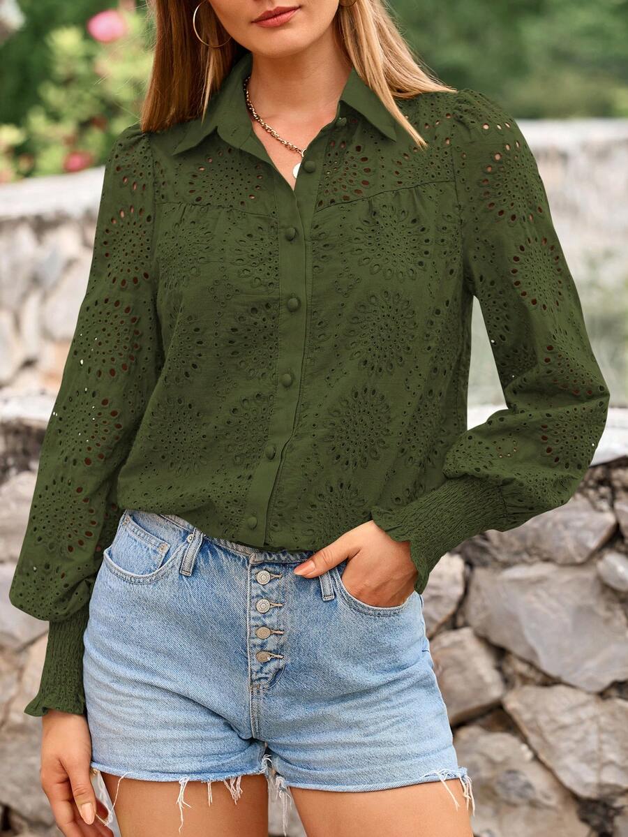 Women's Fall Button-Up Shirt Elegant Long Puffed Sleeve Hole Loose Neckline Shirt - xanh quân đội - Xem 1