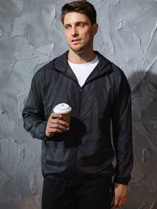 Men's Lightweight Jacket Outdoor Casual Windbreaker Waterproof Ultra-Light Solid Color Jacket Cycling Long Sleeve Coat - Black - View 9