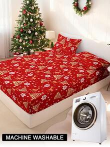 2/3 pièces Ensemble de literie avec imprimé nœud de Noël, renne, sapin de Noël (hors rembourrage), drap-housse de chambre, en tissu microfibre doux, respirant et confortable, comprend 1 housse de matelas et 1/2 taies d'oreiller, ensemble de draps-housses, options de taille : super king, king, queen, twin, respirant et confortable, conception à poche profonde jusqu'à 30 cm, résistant aux froissures, améliore la qualité du sommeil, lavable en machine, cadeau de literie de Noël - Multicolore - Voir 8