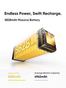 Realme C75 解锁手机 8GB+128GB/8GB+256GB 全球版，4G LTE，安卓 14 智能手机，50MP 摄像头，5828mAh 大容量电池，45W 快速充电，闪电金 - 黑色 - 查看 6