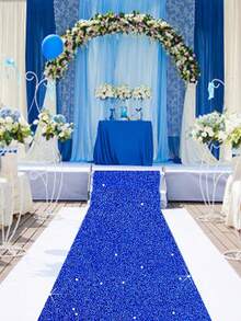 1pc 8m Shiny Blue Sequin Carpet, Suitable For Wedding, Wedding Decoration, Festival Birthday Party Ceremony Decoration, Event Stage Background Decoration, Store Opening Entrance Decoration, Festival Party Decoration, Room Decoration, Home Decor, Outdoor Party Decoration, Background Decoration, Wedding Party Supplies, Etc. The Long Carpet Can Be Trimmed. - Blue - View 3