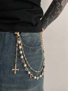 1pc Retro Luxurious Multi-Layer Rhinestone Imitatation Pearl Pants Chain, Cross Body Chain, Pants Decoration For Men - Dây chuyền quần kim cương hình trái tim - Xem 5
