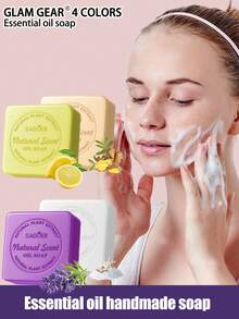 3pcs 100g/Pc Turmeric Lemon Handmade Soap, Suitable For Face, Bath And Cleansing, Rich Foam, Deep Cleansing And Smooth Skin, Handcrafted With Essential Oils - Multicolor - View 2