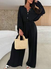 女士纯色休闲前扣宽松衬衫和裤子两件套 黑色 春季 - 黑色 - 查看 5