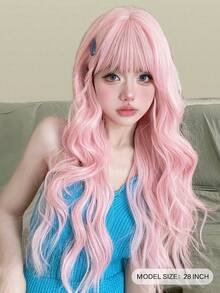 alicegarden 1 Synthetic Heat-Resistant Wig With Bangs, Pink Long Rolled Wig, 28 Feet Long, Made Of Fiber, Suitable For Daily Use, Natural Simulation Wig