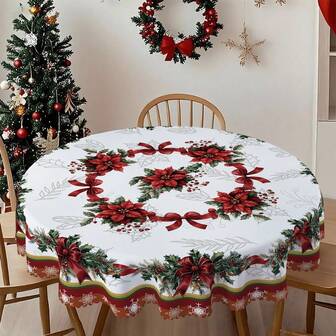 1/36 st julkrans, rosett, julstjärnemönster bordsdekoration duk - 100 % polyester rektangulär rund bordsduk med prägling, lämplig för högtidsfester, familjesammankomster, festlig atmosfärdekoration