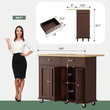 Vongrasig 39" Kitchen Island On Wheels With Storage Cabinet Kitchen Cart Cabinet With Shelves, Cart Handle For Towel Rack Or Free Mobility, Portable Islands, - Brown - View 3