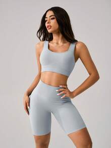 NcmRyu Women's Ribbed Crop Tank & High-Rise Biker Shorts Set - Stretchy Fabric Summer Activewear, Yoga Essential For Workout, Gym & Casual Wear - 銀色 - 查看 2