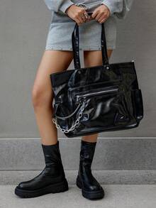 DareSee 1 chiếc túi tote dung tích lớn, kiểu dáng sinh viên, chất liệu da PU bóng, có khóa kéo trang trí, túi xách thời trang nữ, túi tote đi học, đồ dùng cần thiết cho sinh viên mùa đông, quà tặng lễ hội âm nhạc. - màu đen - Xem 5