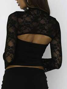 Women's Y2K Floral Lace Shirt Top Long Sleeve Mock Neck Cut Out Slim Fit T Shirts Crop Tops Spring Fall Teen Girls Going Out Tops Vintage Aesthetic Clothes Party Club Streetwear - 黑色 - 查看 2