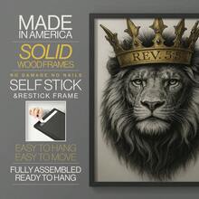 1pc Restickable Framed Lion Of Judah Art Print, Wood Frame, Biblical Inspired Regal Animal Wall Decor With Gold Crown & Scripture Accent, Spiritual Artwork For Living Room, Office, Or Prayer Room, Made In USA, Ready To Hang Art Prints - Black - View 6